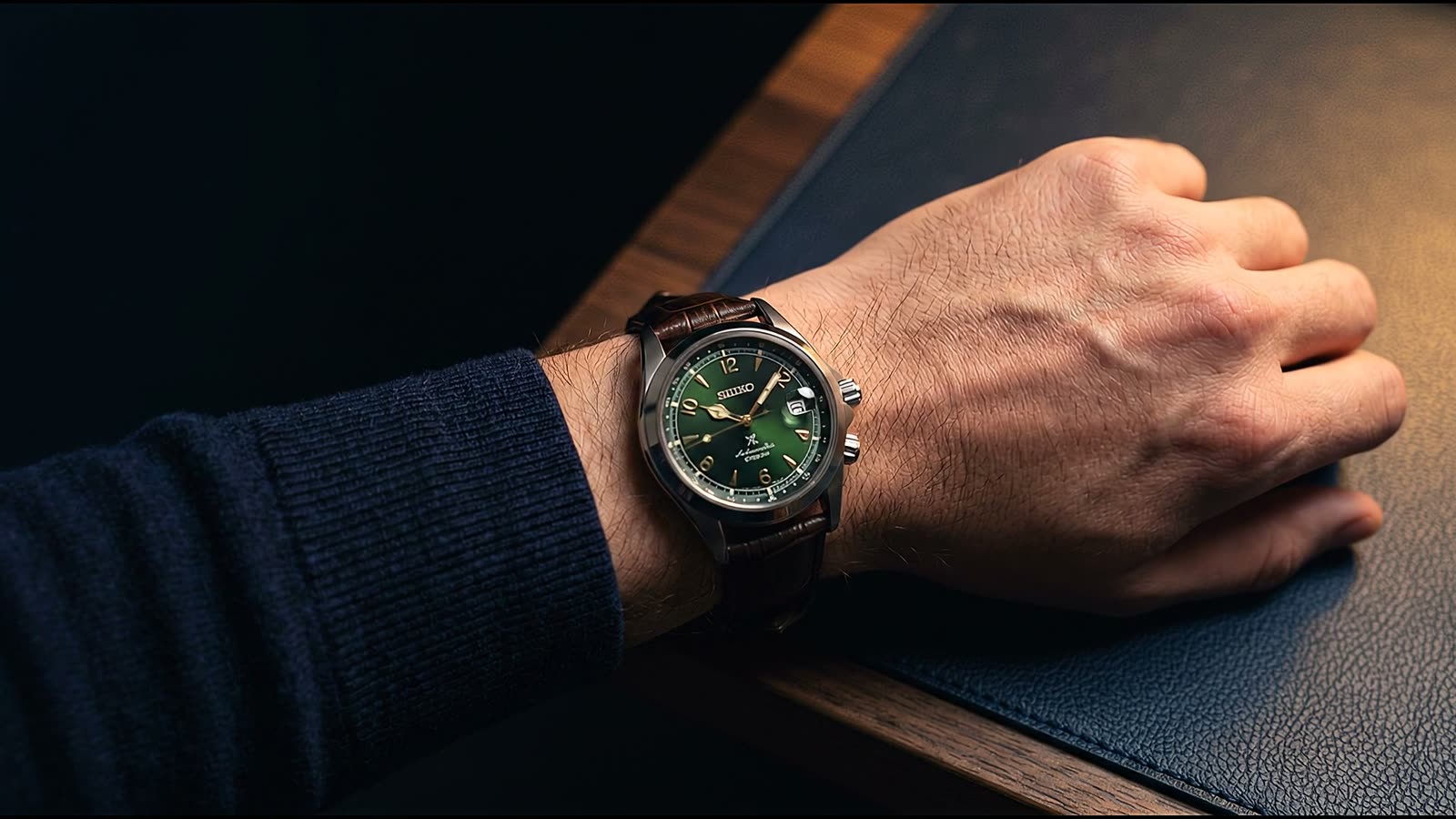 A green-dial watch on a collector's wrist, resting on a navy leather desk