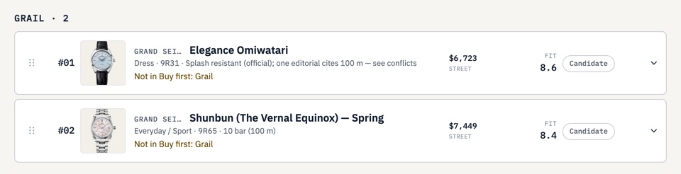 Two Grails in Watch Desk: the Grand Seiko Elegance Omiwatari and the Grand Seiko Shunbun, each marked Not in Buy first